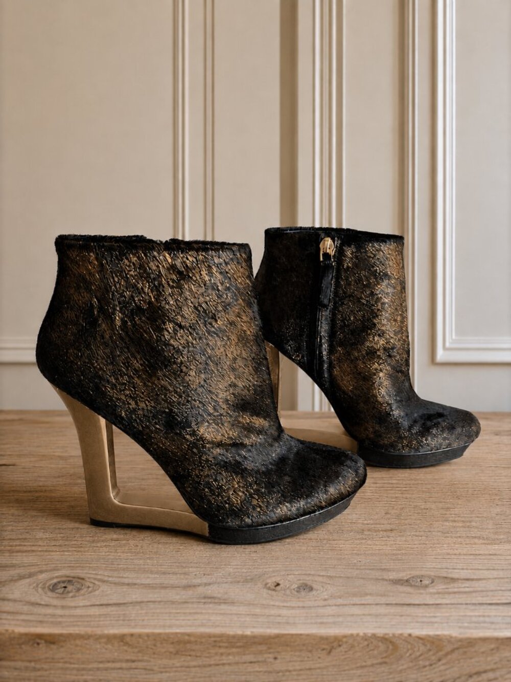 BCBG Max Azria Ripley Bronze Metallic Pony Hair Cutout Wedge Booties 7B 37
